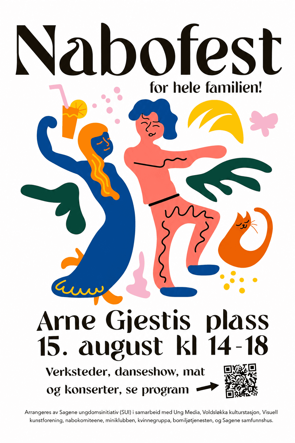 Plakat for Nabofest 15. august på Arne Gjestis plass